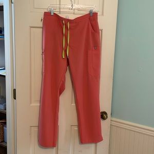 Figs Coral Pants with Neon Green Drawstring